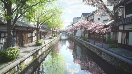 Obraz premium Scenic Pedestrian Walkway Along River with Blossoming Trees