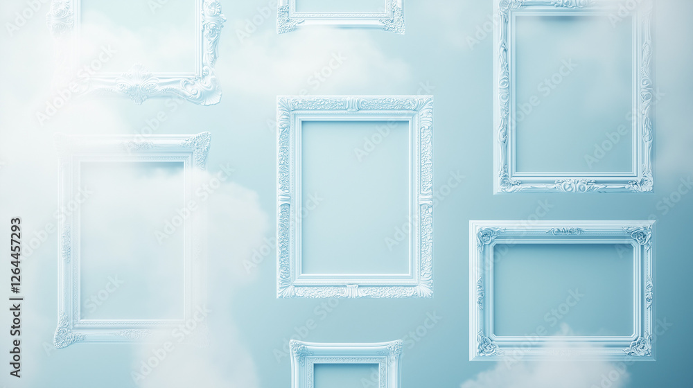 Poster empty frames in a blue mist: a wall adorned with empty picture frames, bathed in a soft, ethereal bl