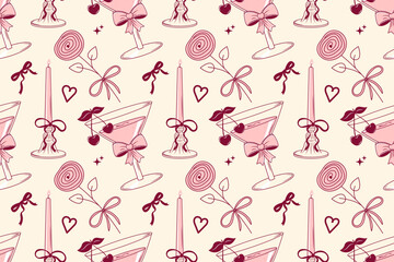 Hand drawn coquette seamless pattern with cocktail, candle, cherry, flower, bowknot. Cute girly design for Valentines day, wedding, party. Modern trendy print for wrapping paper, cover, fabric