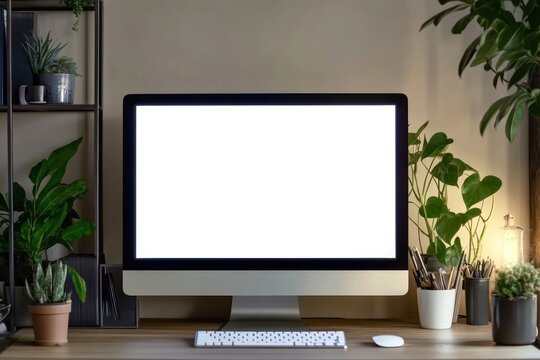 Computer monitor on desk plants minimalist screen.
