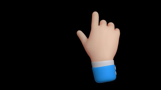 Seamless 4K loop of sliding screen to right side hand gesture in blue sleeve. 3D emoji cartoon animation render with alpha transparent background.