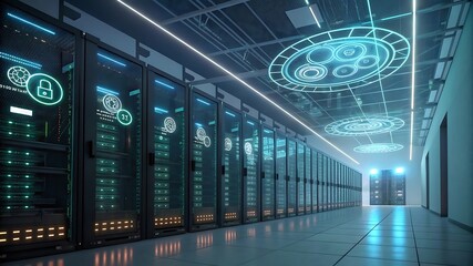 Futuristic AI-driven server room with neon-lit servers, holographic data processing units, and cybersecurity defense systems protecting business intelligence data
