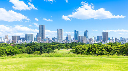 Obraz premium City Skyline Panorama with Lush Green Parkland and Blue Sky on a Sunny Day in Urban Landscape