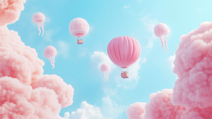 Pink Balloon Dreams:  A surreal and whimsical scene, where pink hot air balloons float effortlessly through a sky filled with fluffy pink clouds.