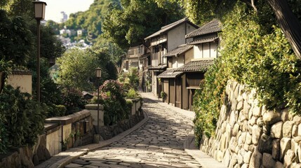 Fototapeta premium Scenic Steep Hillside Path with Stone Lining and Lush Greenery