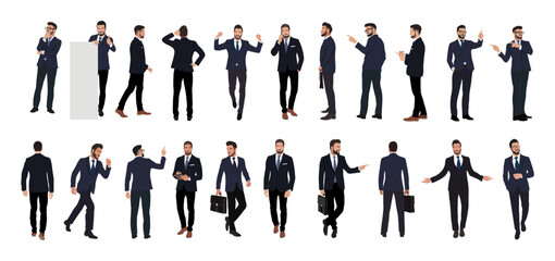 Set of business man in formal suit standing, walking in different poses, front, side, back, rear view, pointing, thinking. Flat vector illustration isolated on white background
