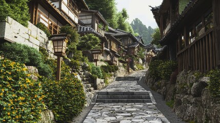 Peaceful Steep Pathway Through Hillside Village Surrounded by Nature