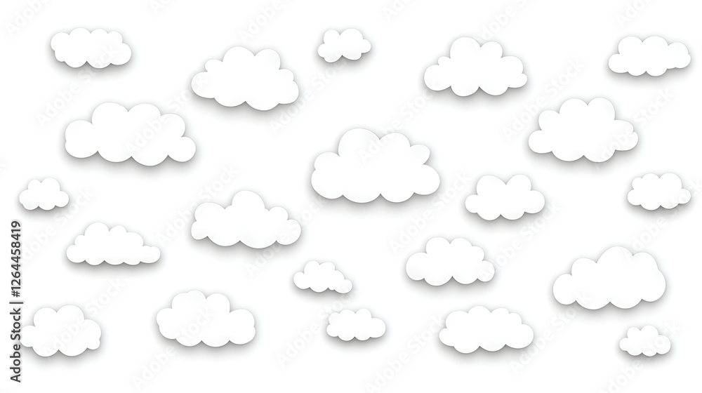 Poster cloudscape background with soft shadows and puffy white clouds floating on a clear day