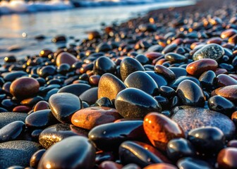 Obraz premium Dark Beach Stones: Black Pebbles and Rocks on Black Sand Background