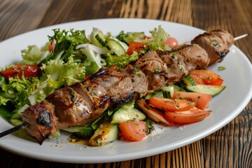 Shish kebab of pork and salad plate table meat.
