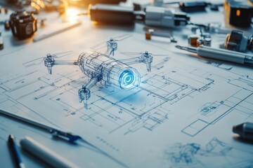 Futuristic Drone on Technical Blueprint with Illuminated Components and Details