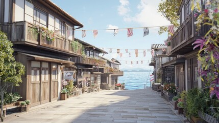 Obraz premium Scenic Coastal Street View of a Charming Waterfront Town