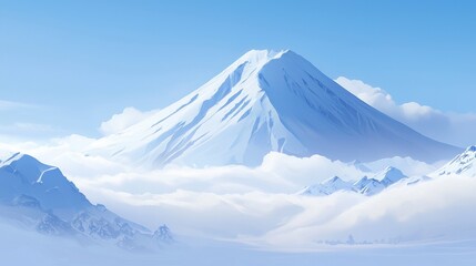 Snowy 3D Mount Fuji, glowing under a deep blue sky with crisp winter air.