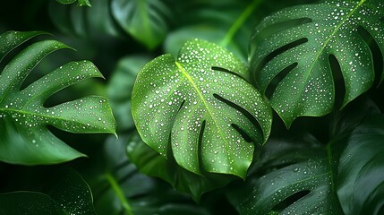 Fototapeta premium Stunning close up macro shot of dew covered tropical leaves showcasing rich green hues intricate textures and high level of detail Perfect for nature inspired design backgrounds and premium imagery
