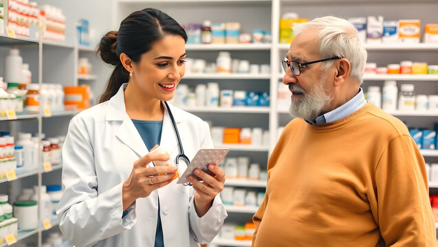 Pharmacist Consultation: A friendly and attentive female pharmacist provides personalized advice to a senior man.