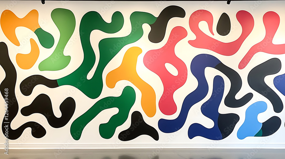 Poster colorful abstract blob wall art display in gallery with fluid shapes and modern design aesthetic