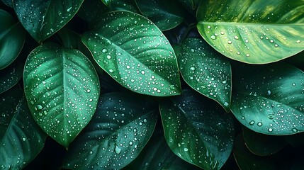 Fototapeta premium Captivating close up macro shot of dew covered tropical leaves in rich vibrant green hues showcasing the intricate textures and patterns of the lush organic plant life