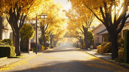 Fototapeta premium Tranquil Leafy Suburban Street Framed by Autumn Trees and Light