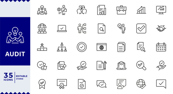 Audit Line Editable Icons set. Vector illustration in thin line modern style of inspection related icons: documentation, auditor,Audit icon set. Accounting line icons collection.