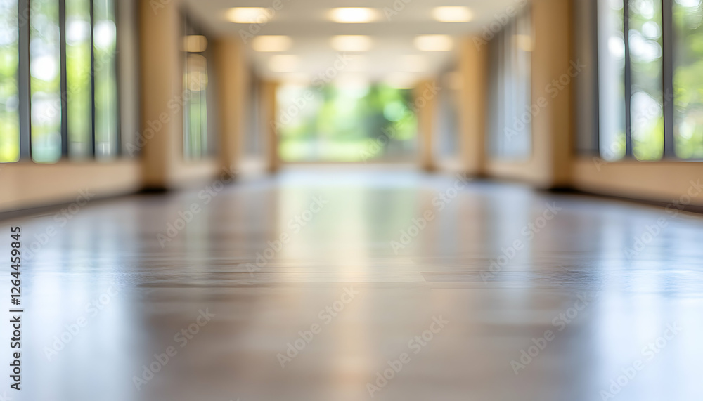 Poster abstract blurred image of a bright, modern hallway with large windows and a shiny floor, perfect for