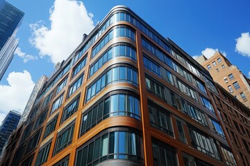 Fototapeta premium Modern building with brown facade and large windows against a blue sky. Ideal for illustrating urban architecture, real estate, or modern construction projects.