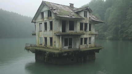 Fototapeta premium Submerged Secrets: A haunting and enigmatic abandoned house stands partially submerged in a misty lake.