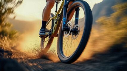 Naklejka premium A mountain bike wheel crashes into loose soil, raising clouds of dust. Blurred details emphasize the speed and dynamics of movement.