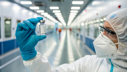 A hand in a latex glove carefully holding a vial of a vaccine. The surroundings are sterile medical environments, emphasizing the cleanliness and safety of the procedure.