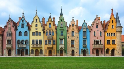 Naklejka premium Picturesque Row of Colorful Medieval Houses European Architecture Historic Buildings