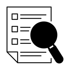 Checklist and magnifying glass icon. Performance review, decision analysis, outcome assessment, evaluation process. Vector illustration.