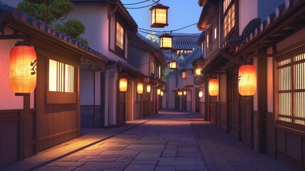 Fototapeta premium Serene Nighttime Scene of Lanterns Illuminating Quiet Street