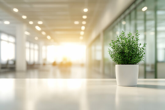 Modern office interior with a small potted plant on a table, bright and airy atmosphere, blurred background.
