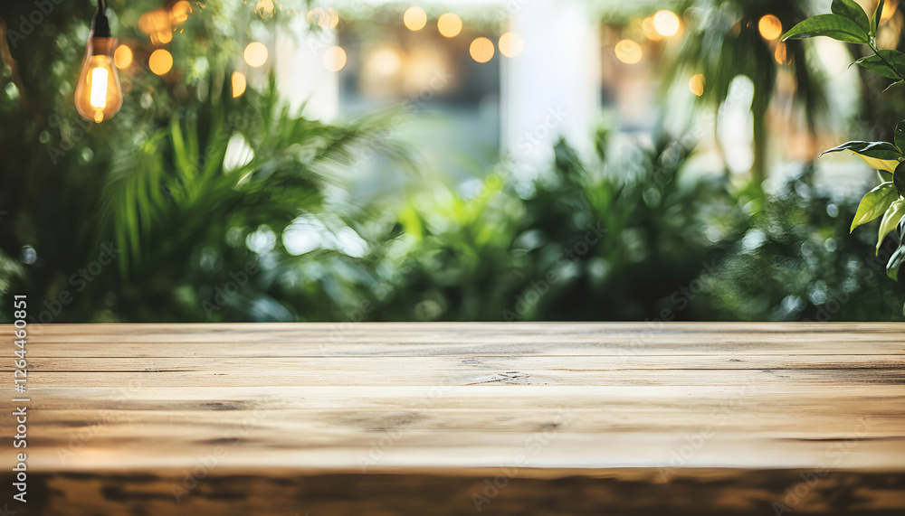 Poster rustic wooden table against a blurred background of lush greenery and warm string lights, ideal for 