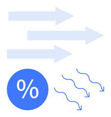 Obraz premium Three rightward blue arrows, percentage sign in blue circle, and three downward wavy arrows. Ideal for business growth, financial data, progress tracking, economic trends, market analysis