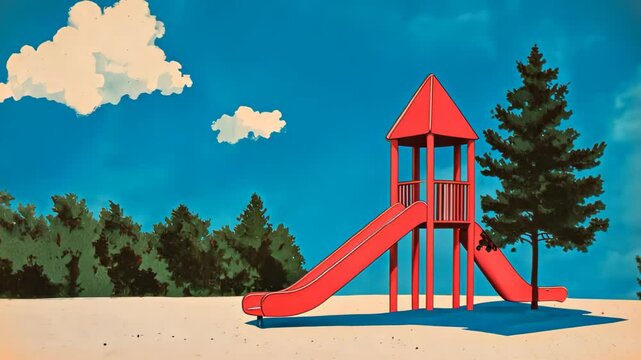 Retro Playground Scene with Red Slide Against Clear Blue Sky and Tall Pine Tree, Featuring Vintage Graphic Design Elements and Nostalgic Vibe in Illustrative Style for Childhood Memories