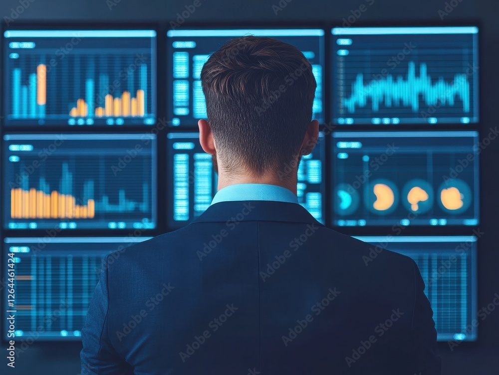 Aufkleber a businessman analyzes data displayed on multiple screens, representing the modern workplace's focus
