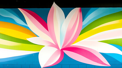 Obraz premium Colorful Mural of a Blooming Flower Against a Blue Brick Wall with Rainbow Rays Art Painting