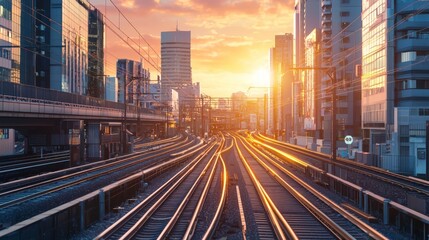 Fototapeta premium Sunset Over Busy Commercial Avenue with Overhead Railway Tracks