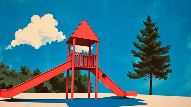 Retro Playground Scene with Red Slide Against Clear Blue Sky and Tall Pine Tree, Featuring Vintage Graphic Design Elements and Nostalgic Vibe in Illustrative Style for Childhood Memories