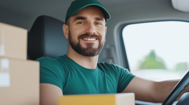 Delivery Driver with a Smile: A friendly delivery driver in a green uniform and cap, smiles confidently while holding the steering wheel with one hand and a stack of parcels in the other.  