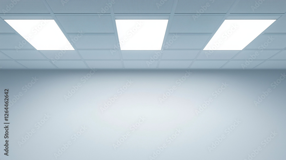 Poster minimalist interior design: a clean and sleek modern room with a grid ceiling illuminated by soft, b