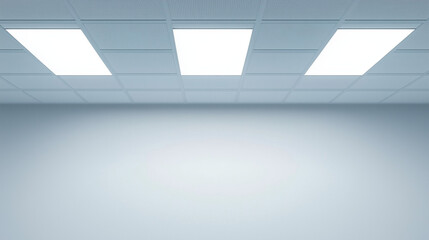 Minimalist Interior Design: A clean and sleek modern room with a grid ceiling illuminated by soft, bright lights, creating an airy and open atmosphere. The blank walls offer a blank canvas for design.