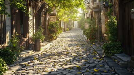 Winding Cobblestone Lane with Leaves in a Serene Urban Scene