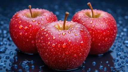 Three Red Apples with Water Droplets, Juicy and Fresh Fruits