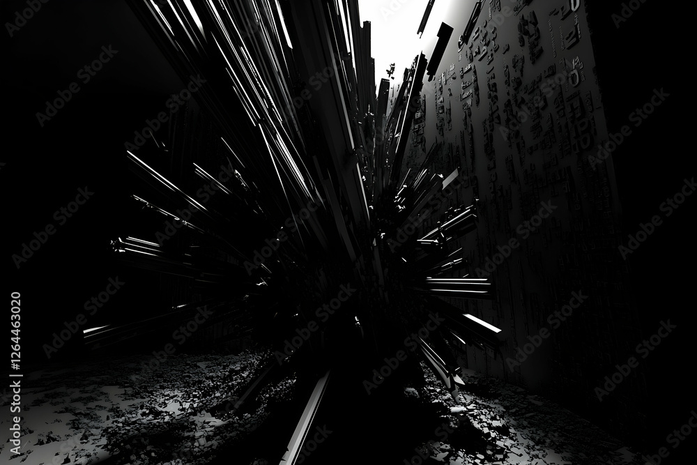 Poster Abstract monochrome 3D render of exploding geometric shapes, creating a dramatic, high-contrast visual.  Perfect for tech, design, or futuristic themes.