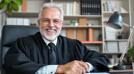 Smiling judge in a courtroom with a modern office setting and organizational shelves in the background