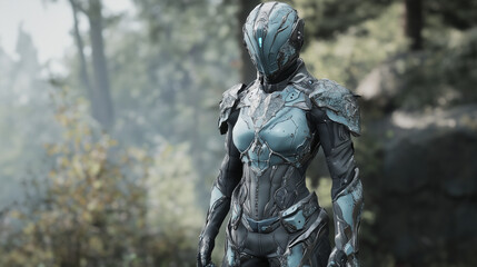 Fototapeta premium Cyberpunk Female Warrior: A female character in futuristic armor stands amidst a misty forest. Her suit is a blend of dark and light blue.