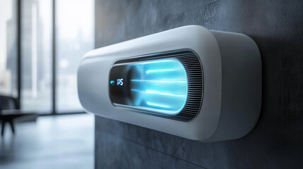 Air conditioner with cold wind waves, conditioning off and on regime for home and office, electronic modern appliance for controlling temperature and climate in room, realistic 3d vector illustration