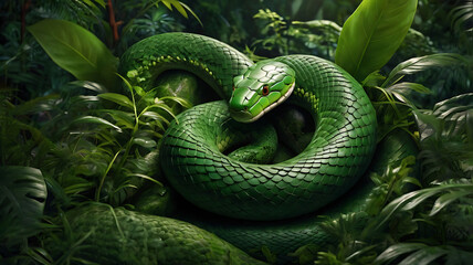 Fantustic Stunning 3D Realistic Green Snake in Lush Jungle &ndash; High-Detail Illustration