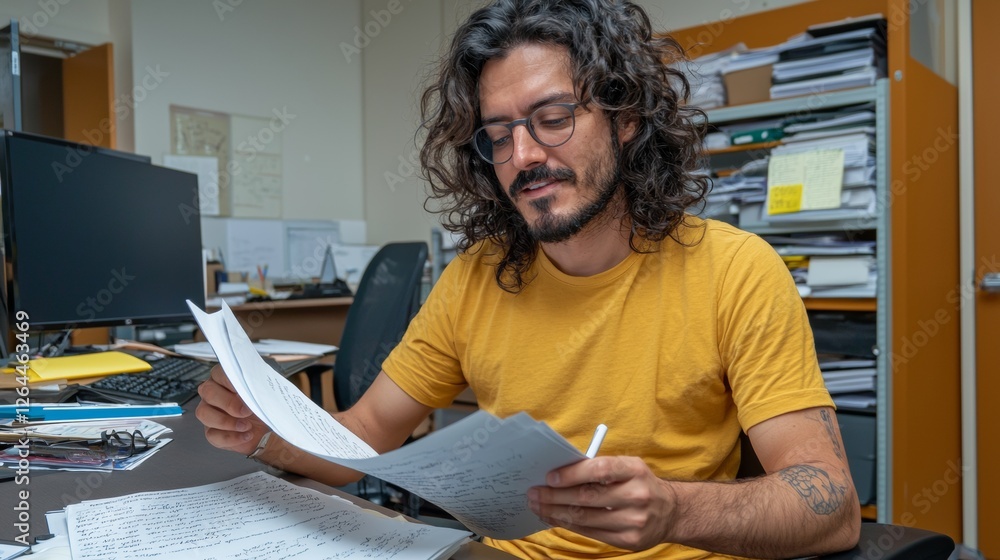 Poster man with curly hair reviews notes in a busy office setting during the day, focusing on his work with
